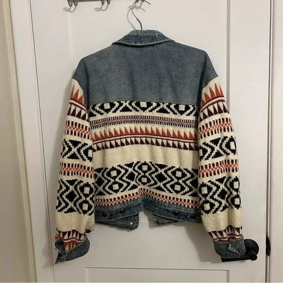 Free People Denim-Trim Aztec Knit Jacket in Cream, Black & Rust - Picture 4 of 4